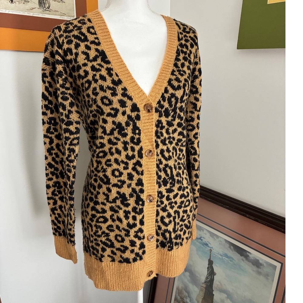 Abound Leopard Print Cardigan Women XS Tan Black Longline Knit Sweater